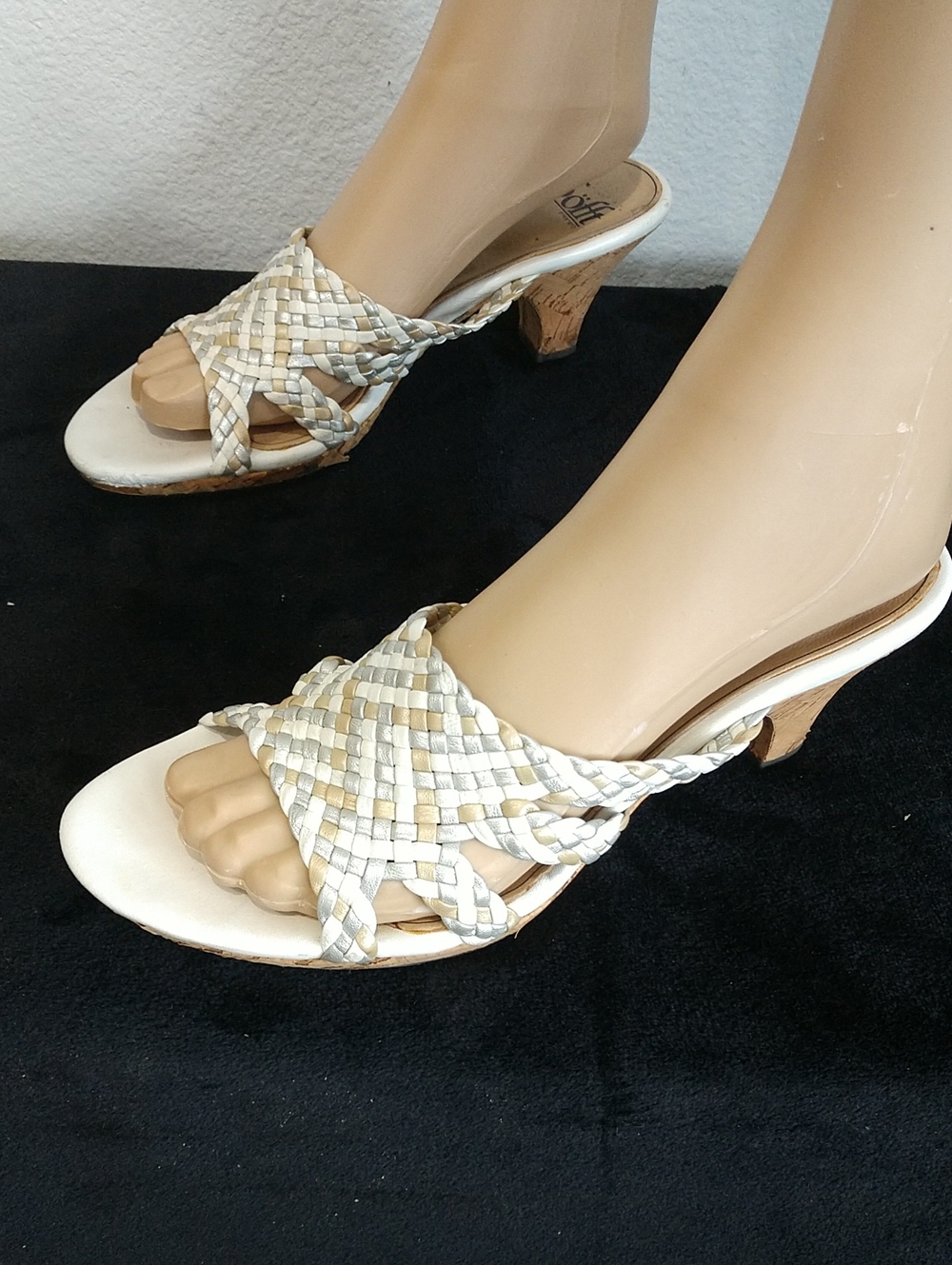 Sofft Woven Leather Slide Sandals in Ivory and Beige
